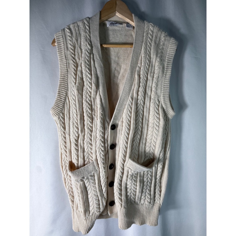 VTG Haband Mens Cable Knit Cardigan Cream V-Neck‎ Button Front Pockets Size M